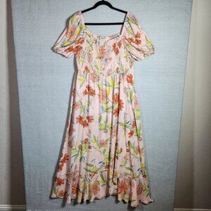 For The Republic Womens L Floral Pink  Orange Blue Green Maxi Tiered Dress